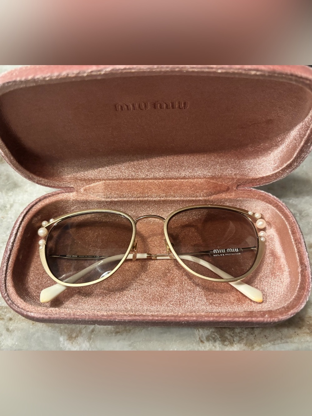Miu Miu Gold Frame Sunglasses with Cream Temples and Brown Gradient Lenses